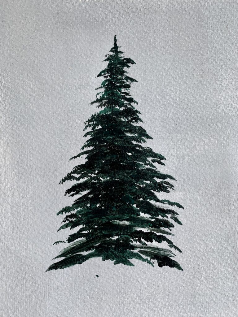 snowy pine tree painting acrylic with filbert brush step 2