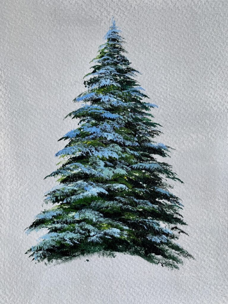 snowy pine tree painting acrylic with filbert brush step 5