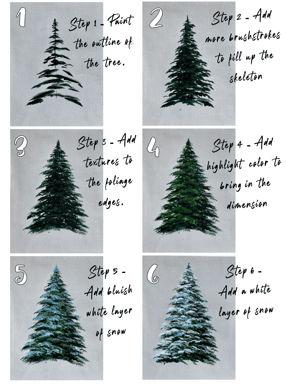 Snowy Tree Painting With A Filbert Brush - 6 Easy Steps