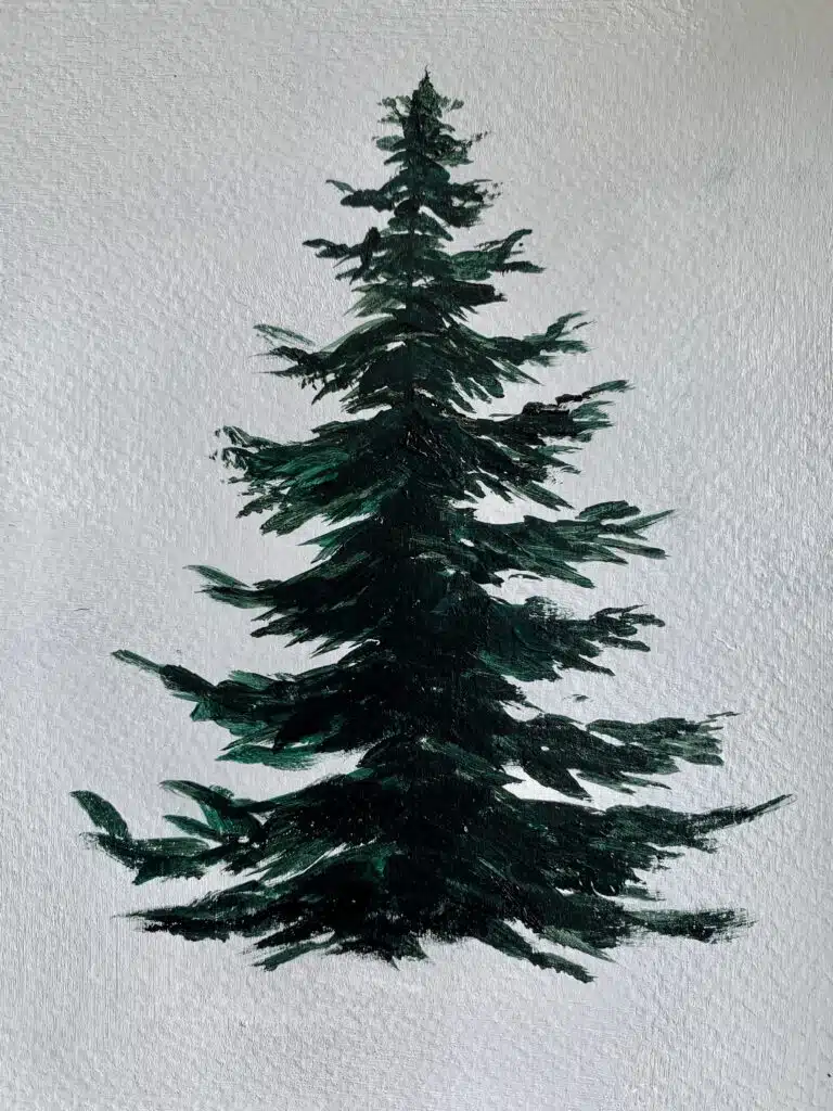 snowy pine tree painting acrylic with filbert brush step 2