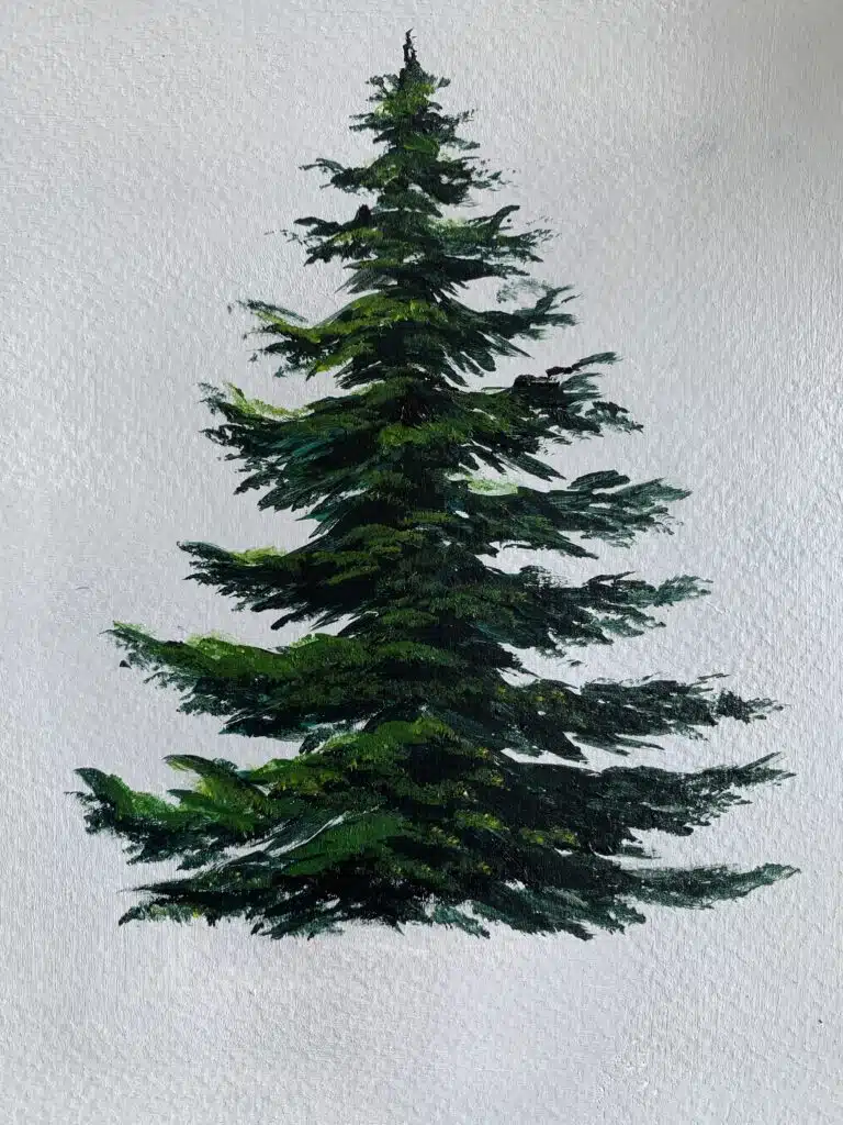 snowy pine tree painting acrylic with filbert brush step 4