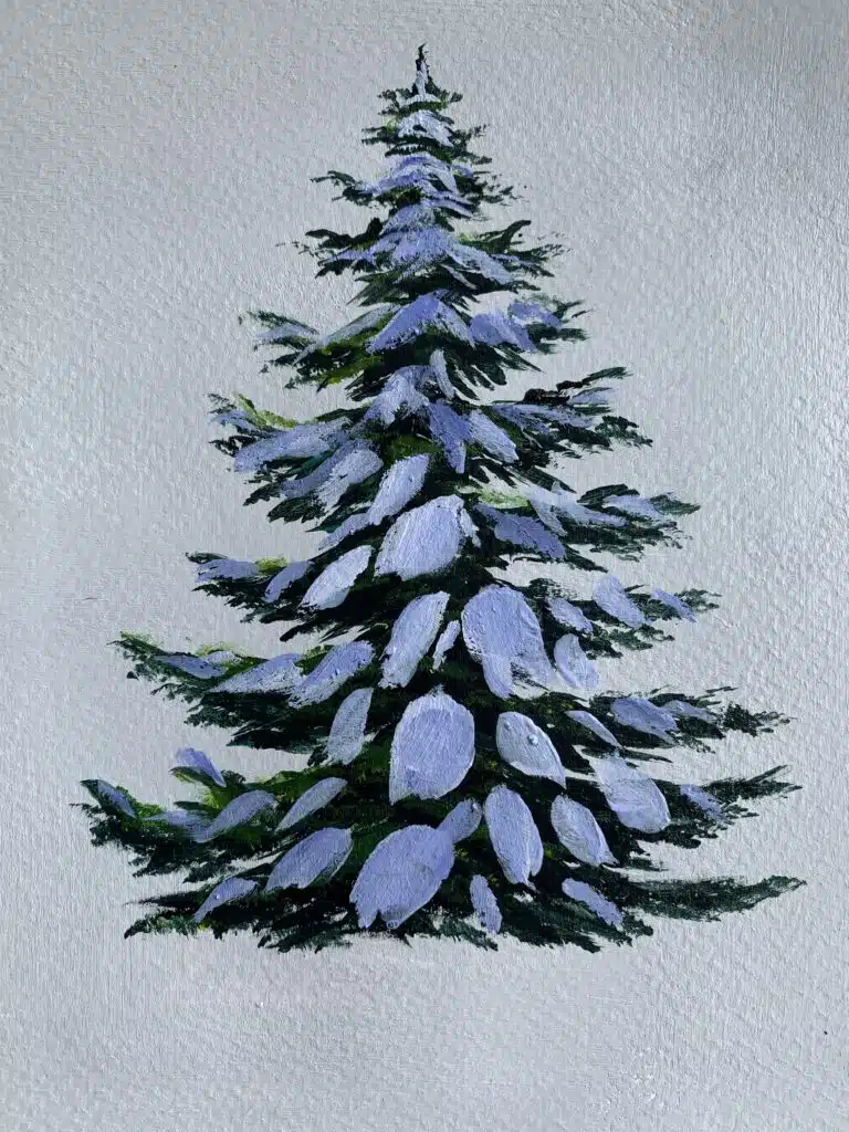 snowy pine tree painting acrylic with filbert brush step 5