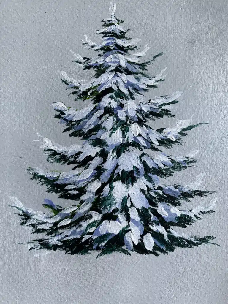 snowy pine tree painting acrylic with filbert brush step 6