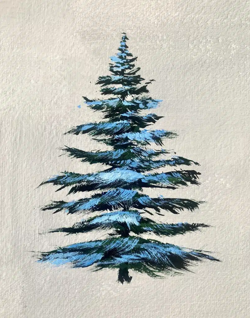 snowy pine trees with acrylics fan brush step 5