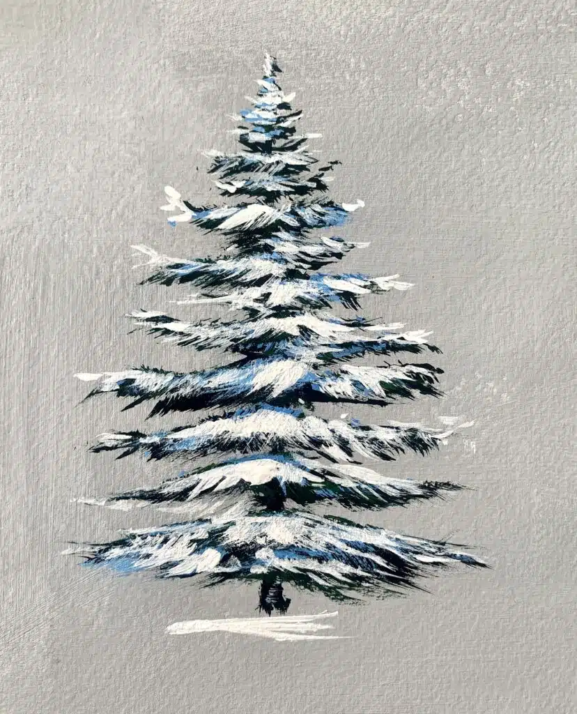 snowy pine trees with acrylics fan brush step 6