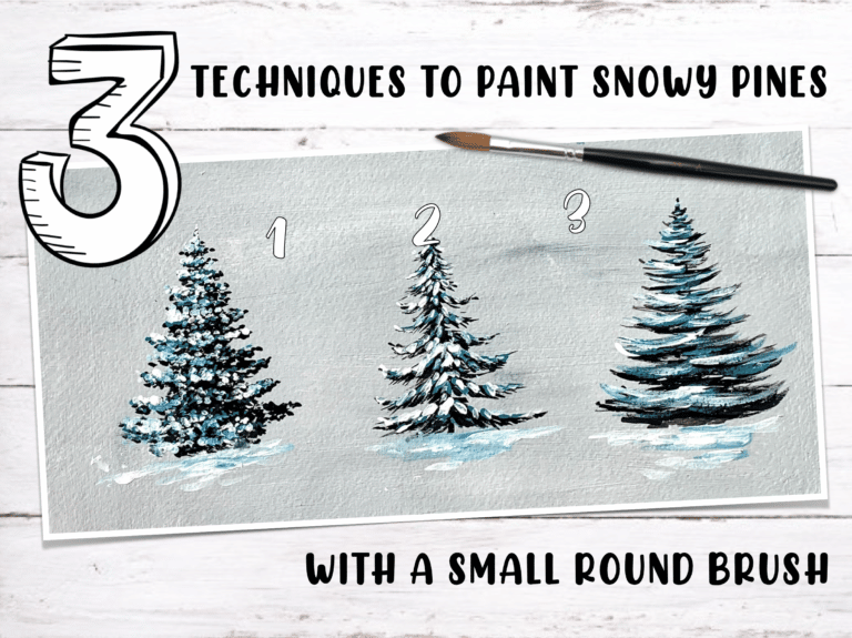 snowy pine trees with acrylics round brush technique