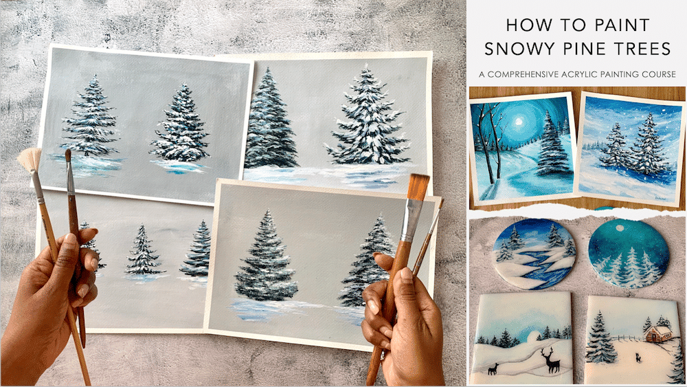 how to paint snowy pine trees with acrylics