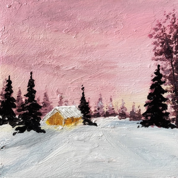 Snow Cabin gouache painting on black paper