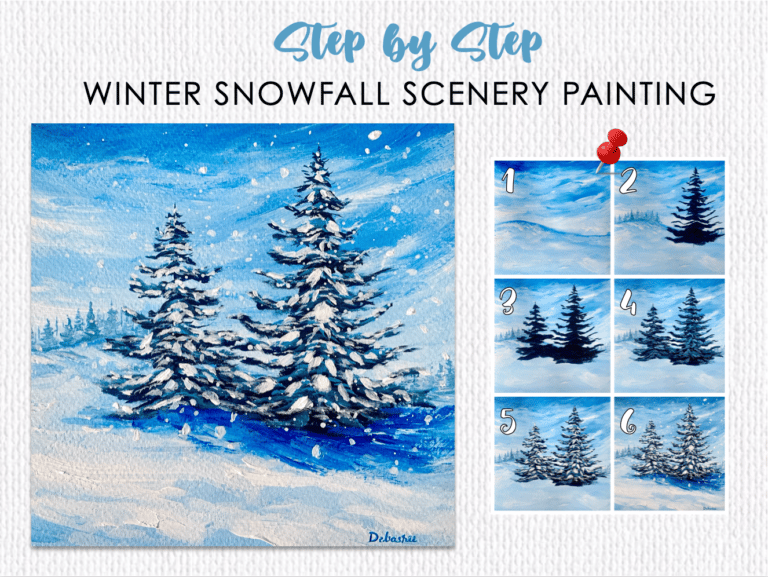 winter snowfall scenery painting for beginners step by step