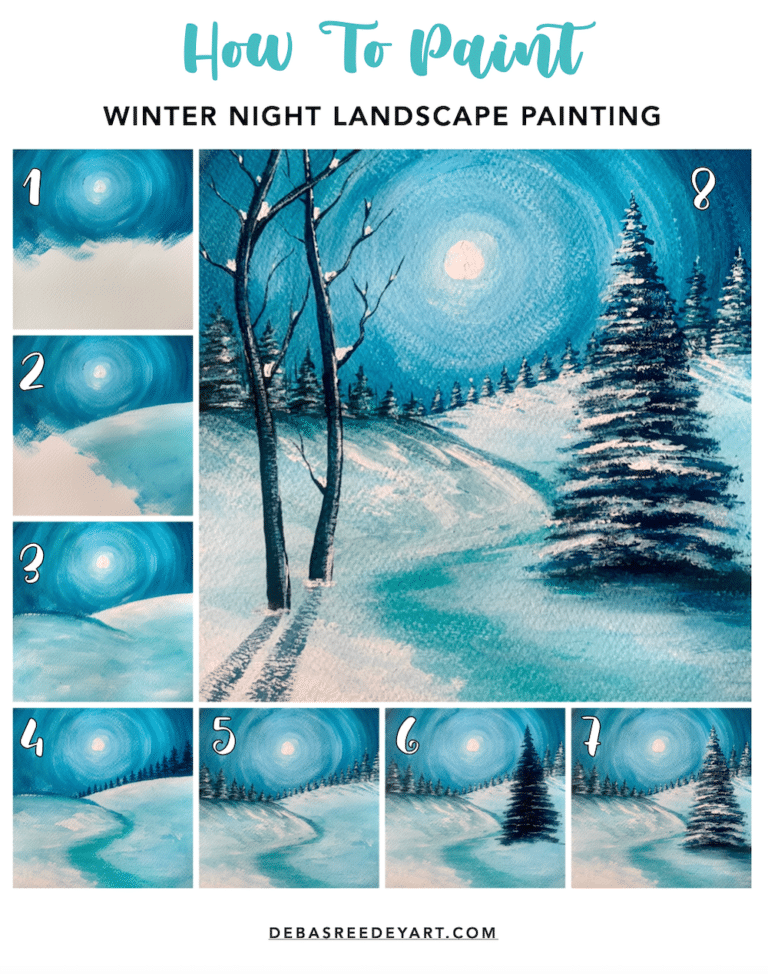 Winter Night Landscape Painting With Acrylics - Step By Step Tutorial