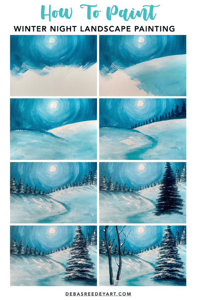 winter night landscape painting step by step for beginners acrylic painting online class 2