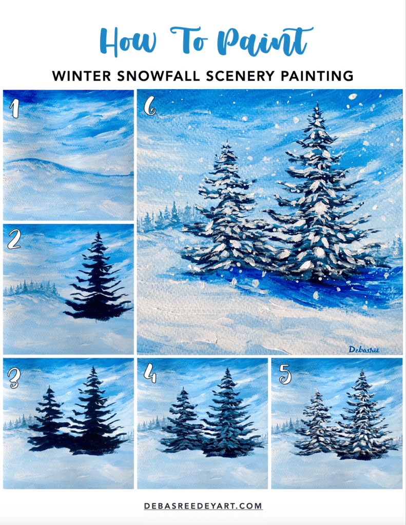 winter snowfall scenery painting for beginners step by step