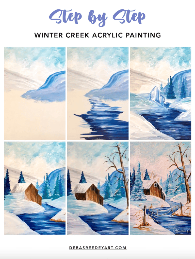 Winter Creek Acrylic Painting - with Cabin - Step By Step For Beginners