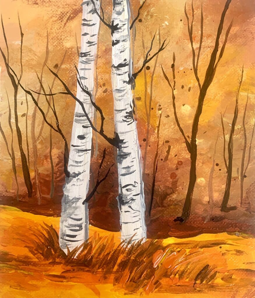 autumn birch tree forest easy acrylic painting for beginners step 10