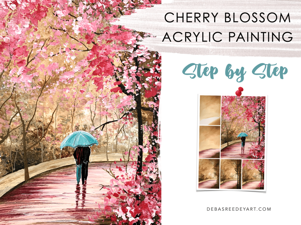 Cherry Blossom Acrylic Painting With a Romantic Couple Walking