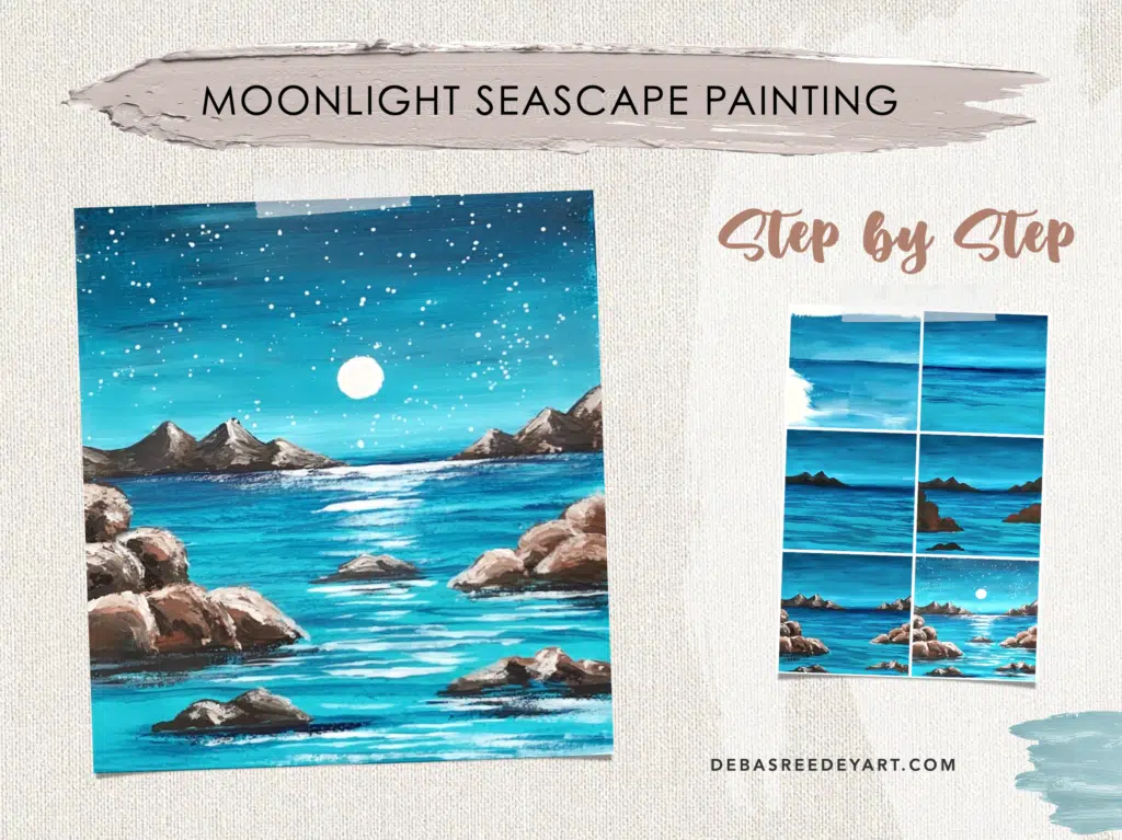 blue moonlight seascape rocks painting