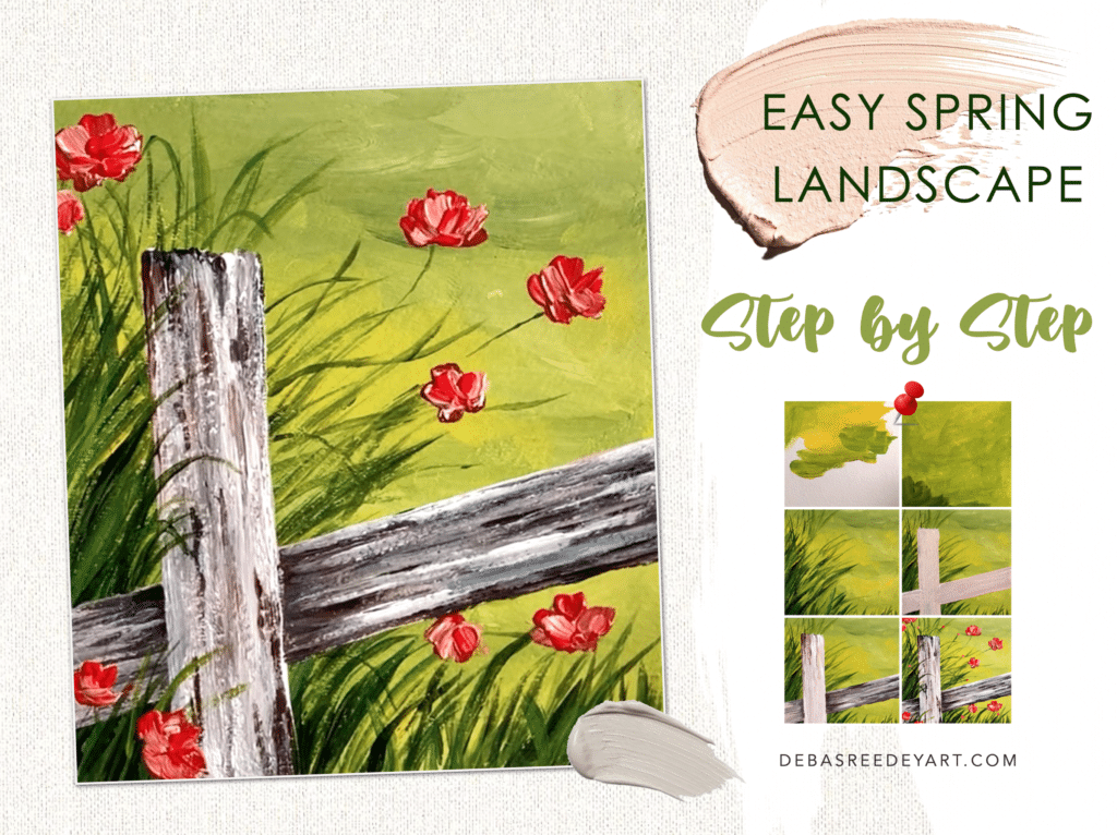 easy spring landscape painting green field red poppy fence