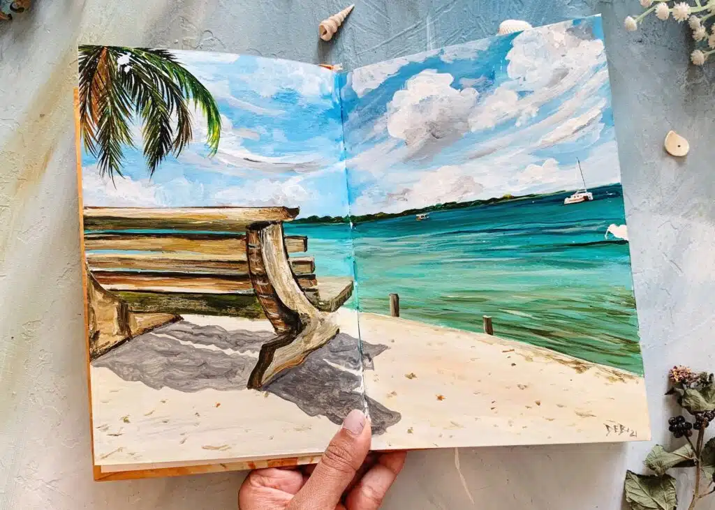 Bench on beach - Seascape painting in sketchbook - Debasree Dey Art