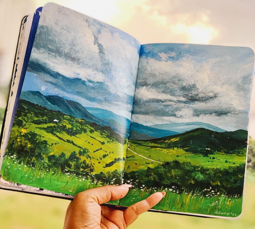 Sky-field-mountain-landscape-Sketchbook-painting-ideas-easy-acrylic-painting-in-sketchbook-aesthetic-debasree-dey-art