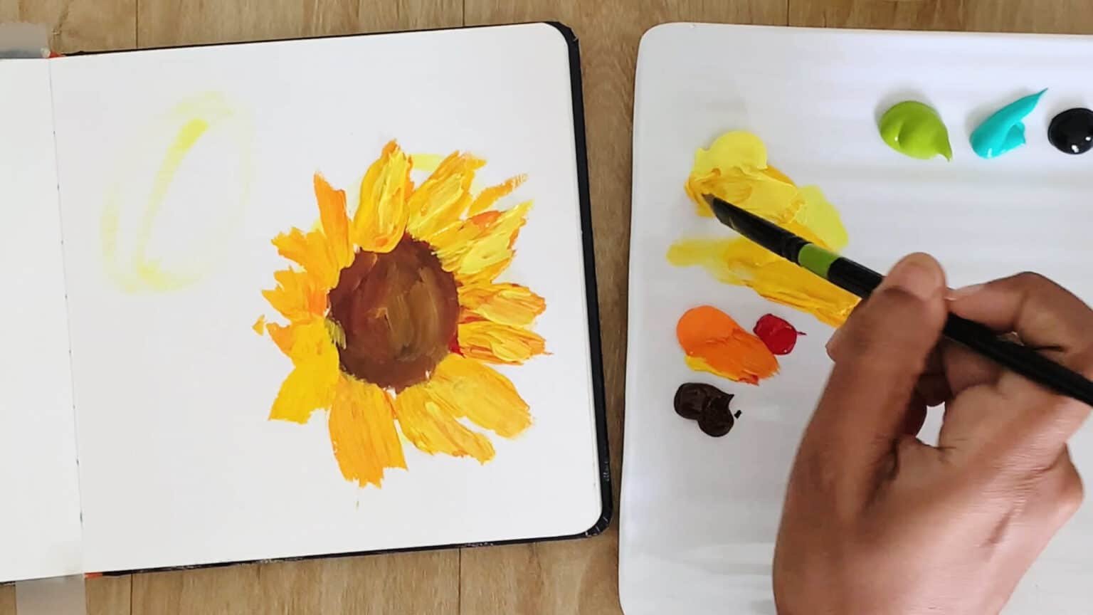 Easy Abstract Sunflower painting in sketchbook - Step by step acrylic ...