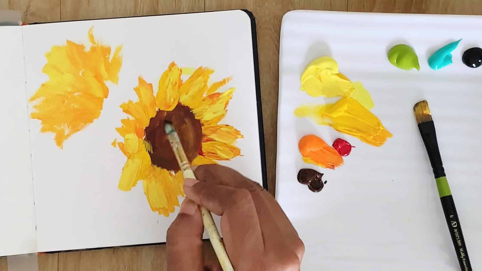 Easy Abstract Sunflower painting in sketchbook - Step by step acrylic ...