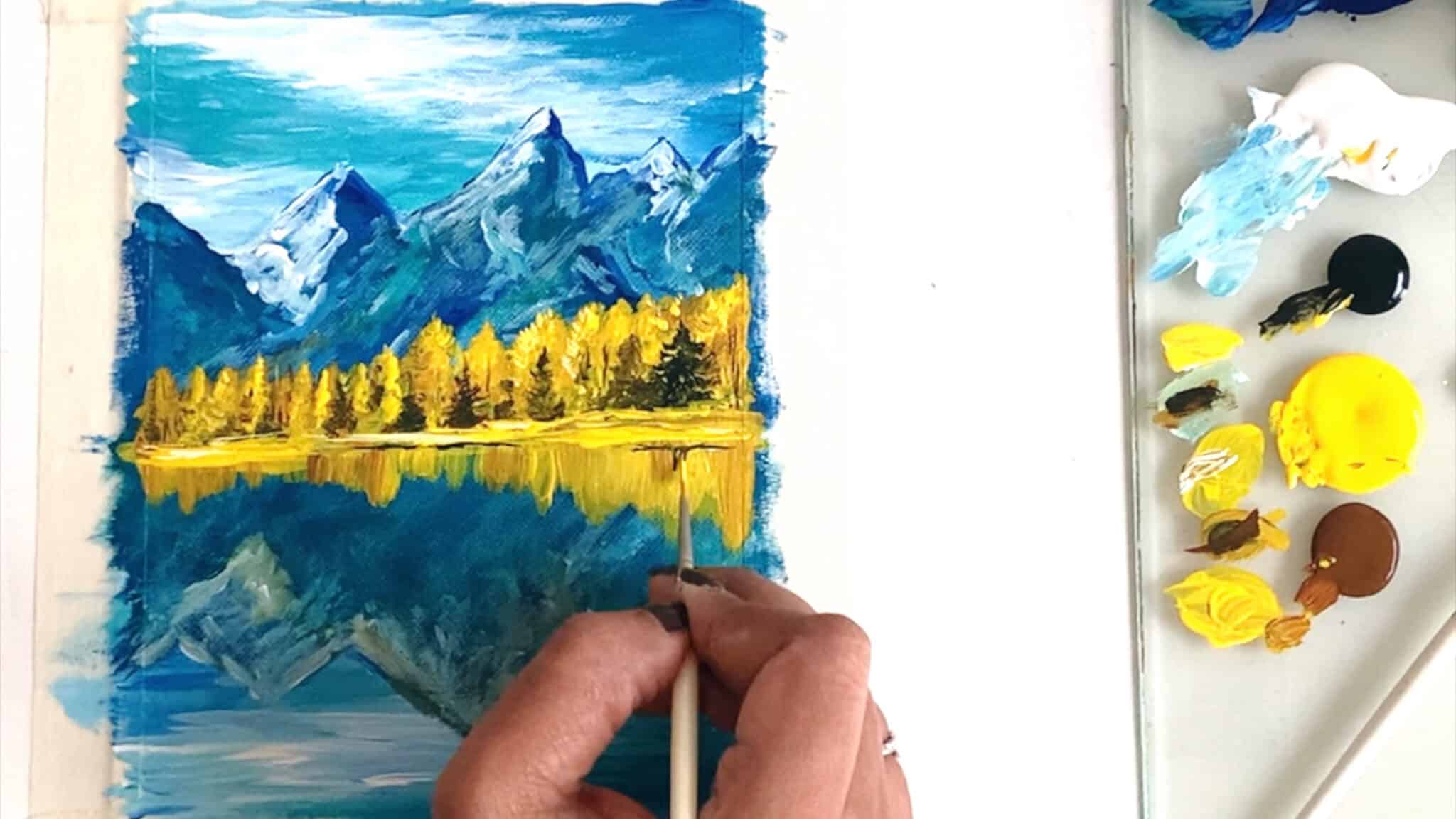 fall trees & snow mountains - acrylic landscape painting - Debasree Dey Art