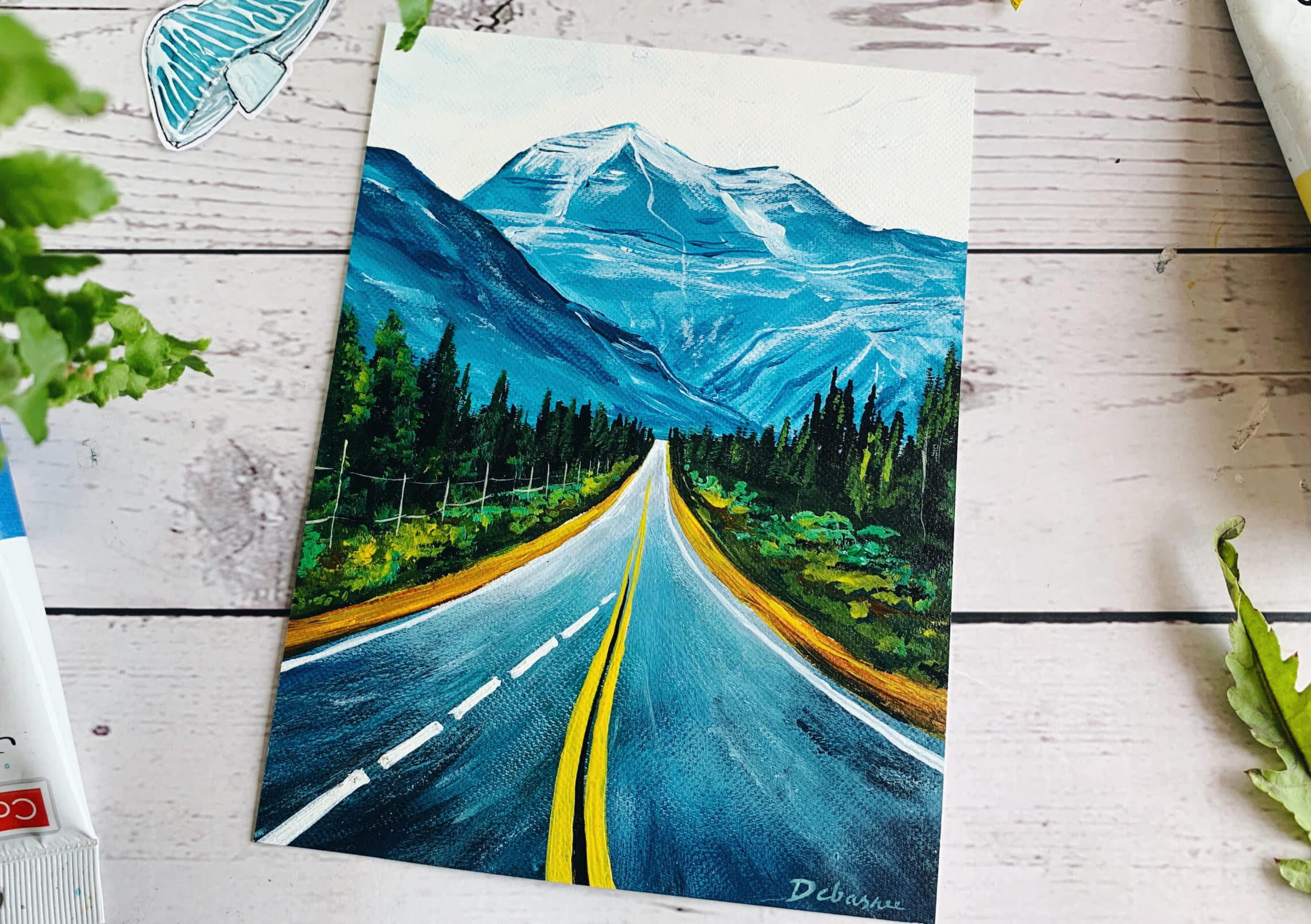 Mountain road painting - Acrylic landscape Step by step - Debasree Dey Art
