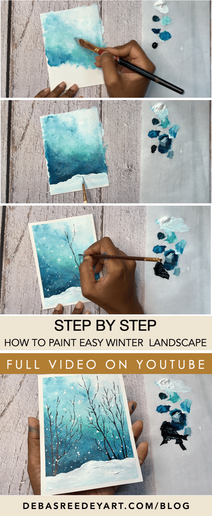 Paint an easy winter painting with snowfall - Debasree Dey Art
