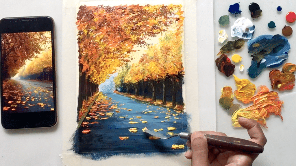 autumn leaves on road painting