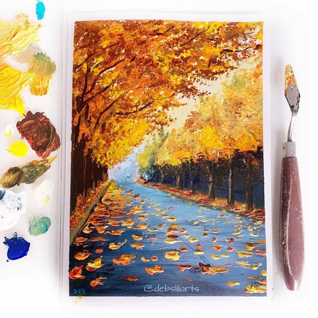 autumn leaves on road painting