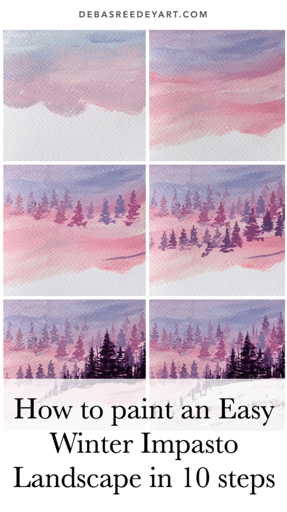 easy winter landscape with snowy pine trees purple