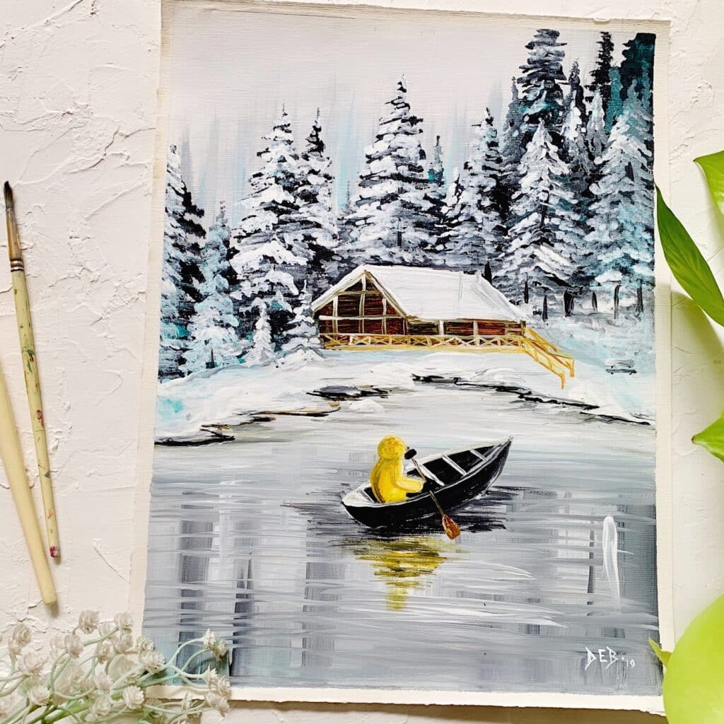 Winter-landscape-frozen-lake-easy-snowy-pine-trees-acrylic-painting-online-tutorial-for-beginners-step-by-step-debasree-dey-art 4