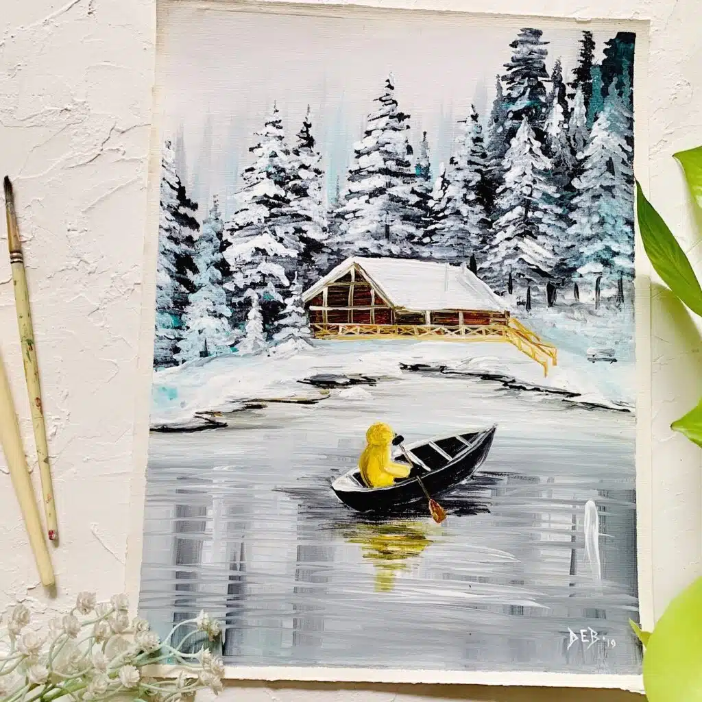 Winter-landscape-frozen-lake-easy-snowy-pine-trees-acrylic-painting-online-tutorial-for-beginners-step-by-step-debasree-dey-art 4
