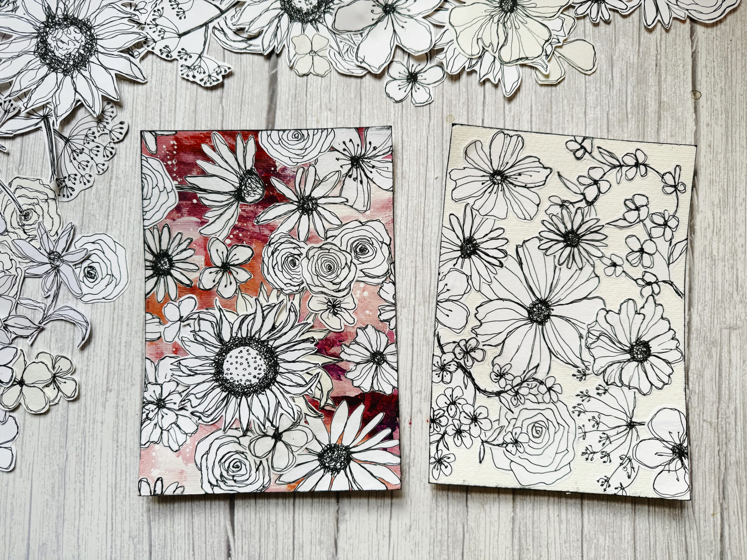 Black-and-White Floral Line Art with Messy Flower Doodles - Step by step -  Debasree Dey Art, image size:2560x1920