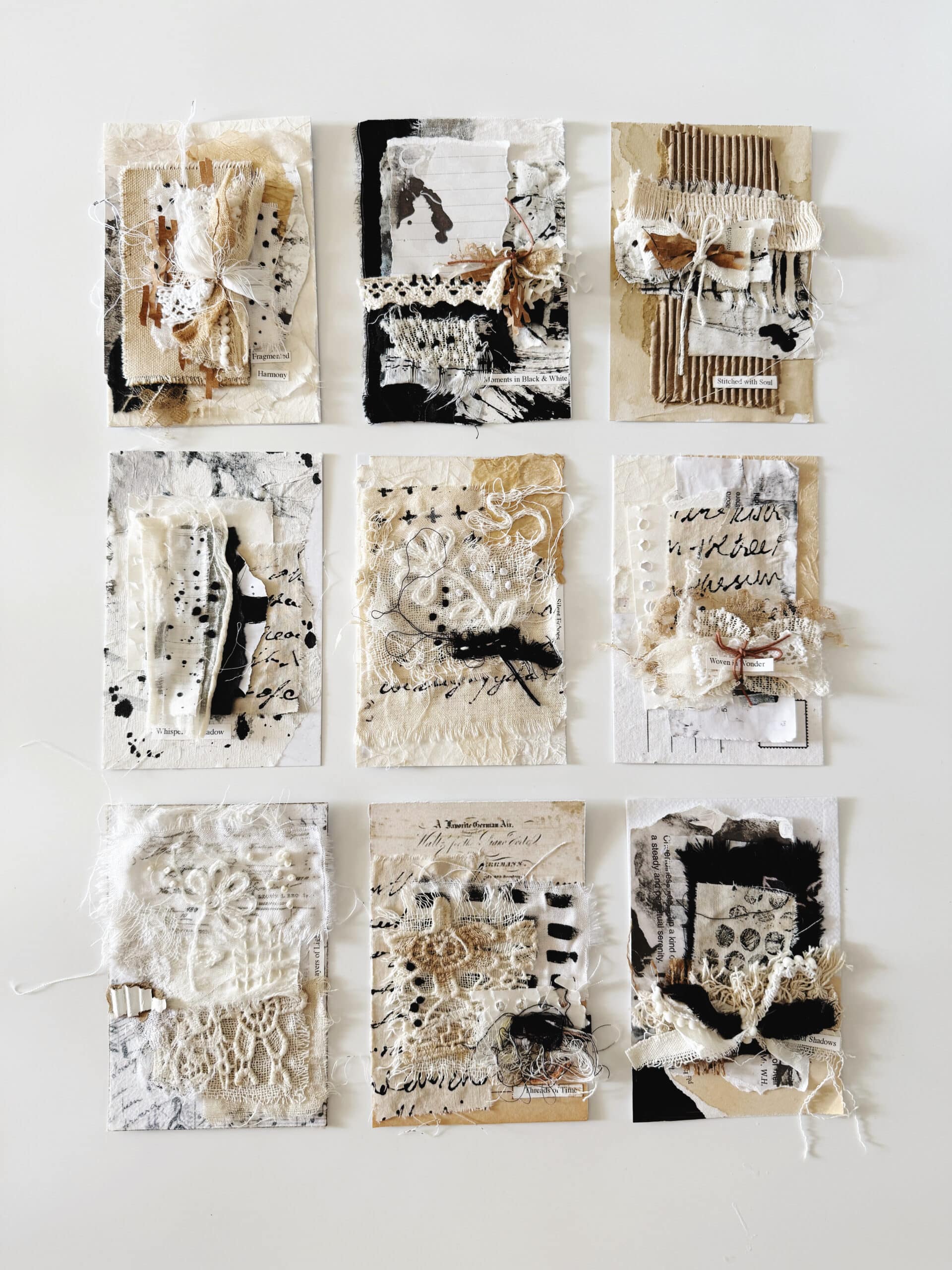 100-day-challeng-neutral-earthy-black-and-white-collage-clusters-mixed-media-texture-paper-fabrics-textile-debasree-dey-art-1759