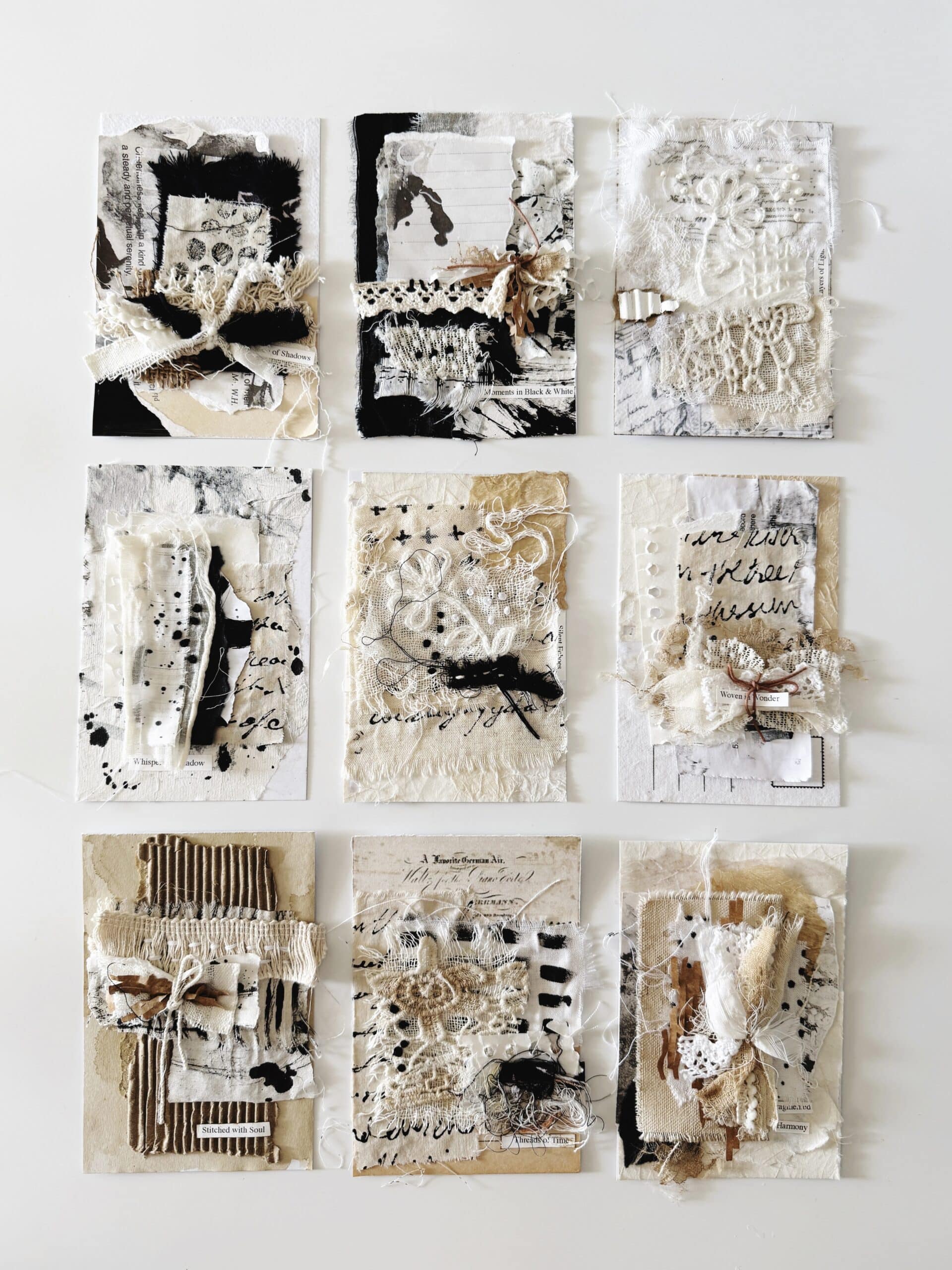 100-day-challeng-neutral-earthy-black-and-white-collage-clusters-mixed-media-texture-paper-fabrics-textile-debasree-dey-art-1766