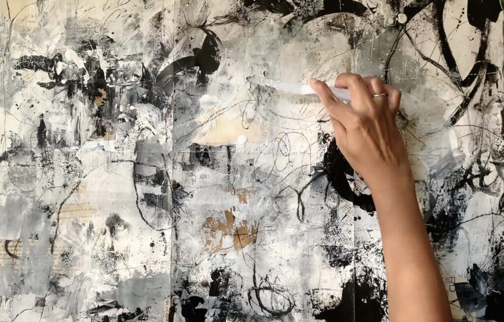 Black and white abstract paintings mixed media