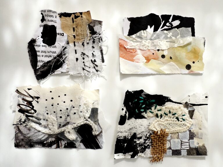 Collage-clusters-from-scraps-black-white-brown-neutral-earthy-vintage-mixed-media-paper-fabrics-textile-debasree-dey-art-3279