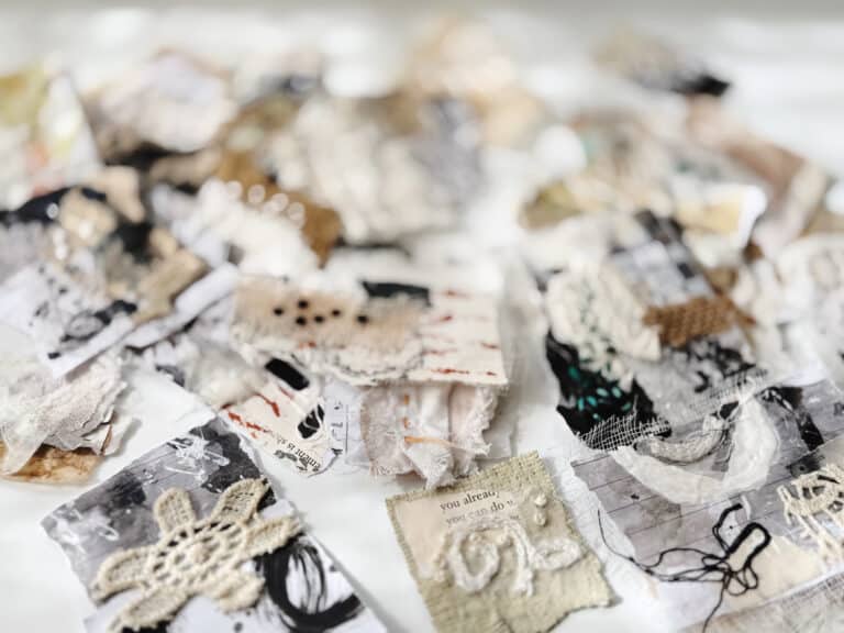 Collage-clusters-from-scraps-black-white-brown-neutral-earthy-vintage-mixed-media-paper-fabrics-textile-debasree-dey-art-3286