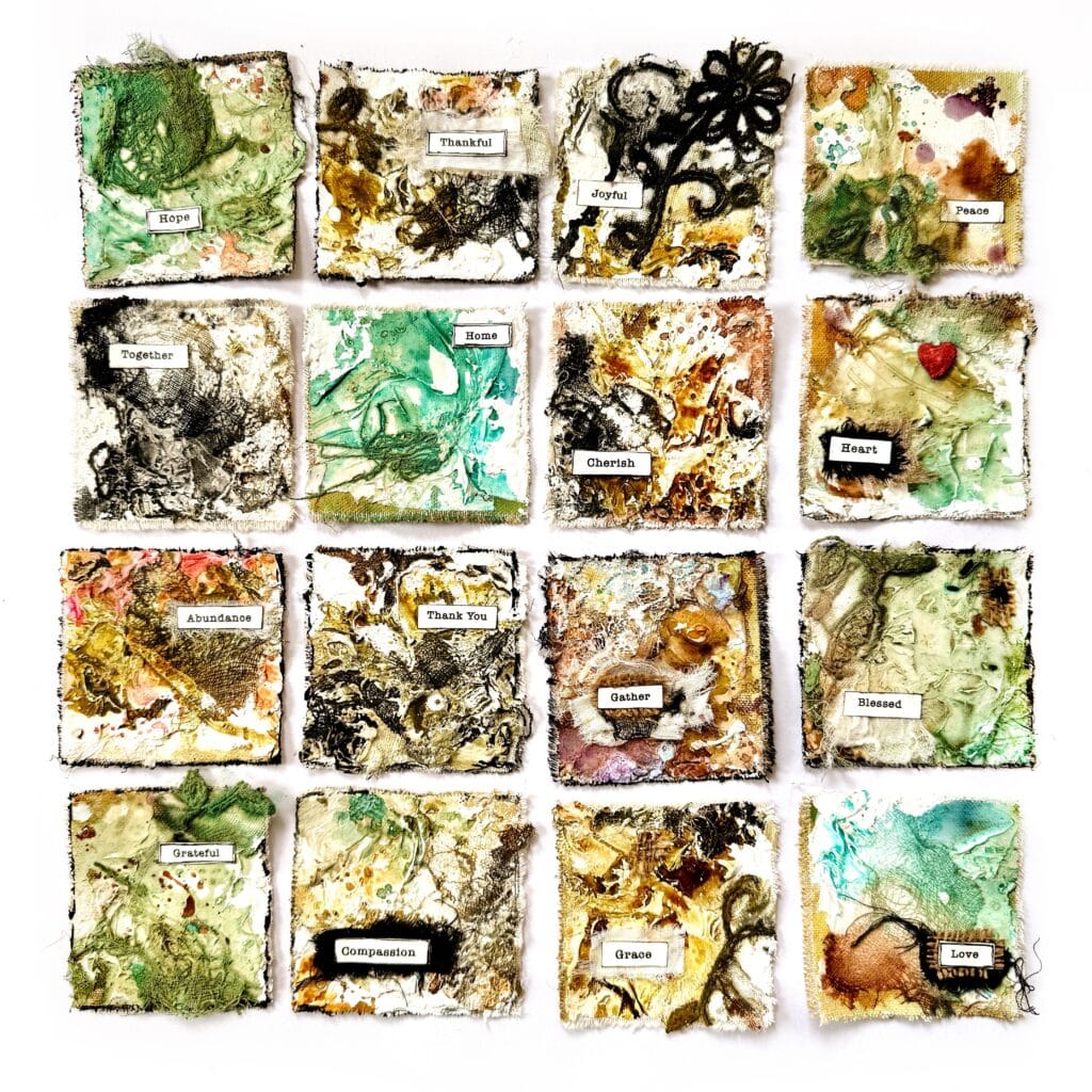Gratitude-cards-collage-clusters-texture-neutral-mastersheets-mixed-media-fabrics-textile-debasree-dey-art