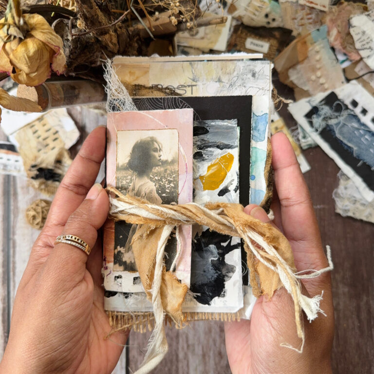 Art-journaling-class-for-beginners-handmade-artist-books-vintage-textile-fabric-texture-collage-junk-journal-collage-paper-debasree-dey-art-9078