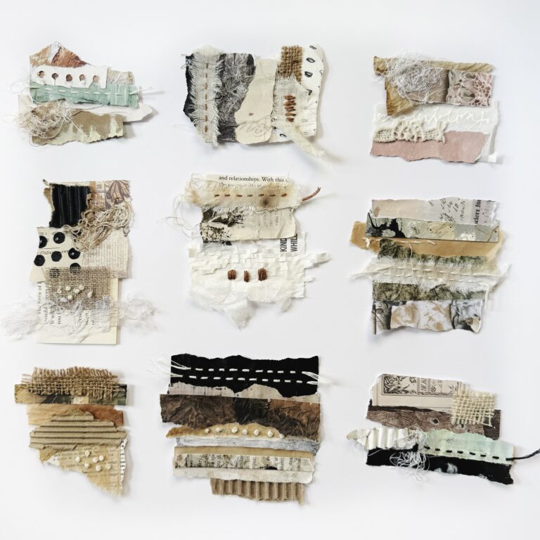 Mixed-media-Collage-clusters-black-white-brown-neutral-earthy-vintage-paper-fabrics-textile-debasree-dey-art-9733 2