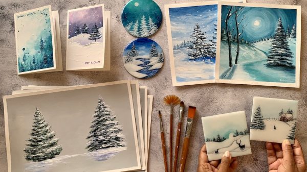 how to paint snowy pine trees acrylic painting debasree dey art