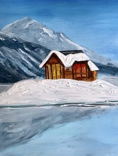 snowy winter cabin reflection step by step acrylic painting tutorial step 5