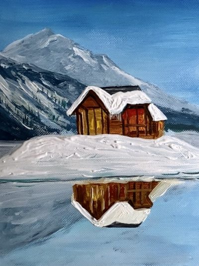 snowy winter cabin reflection step by step acrylic painting tutorial step 6