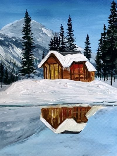 snowy winter cabin reflection step by step acrylic painting tutorial step 7